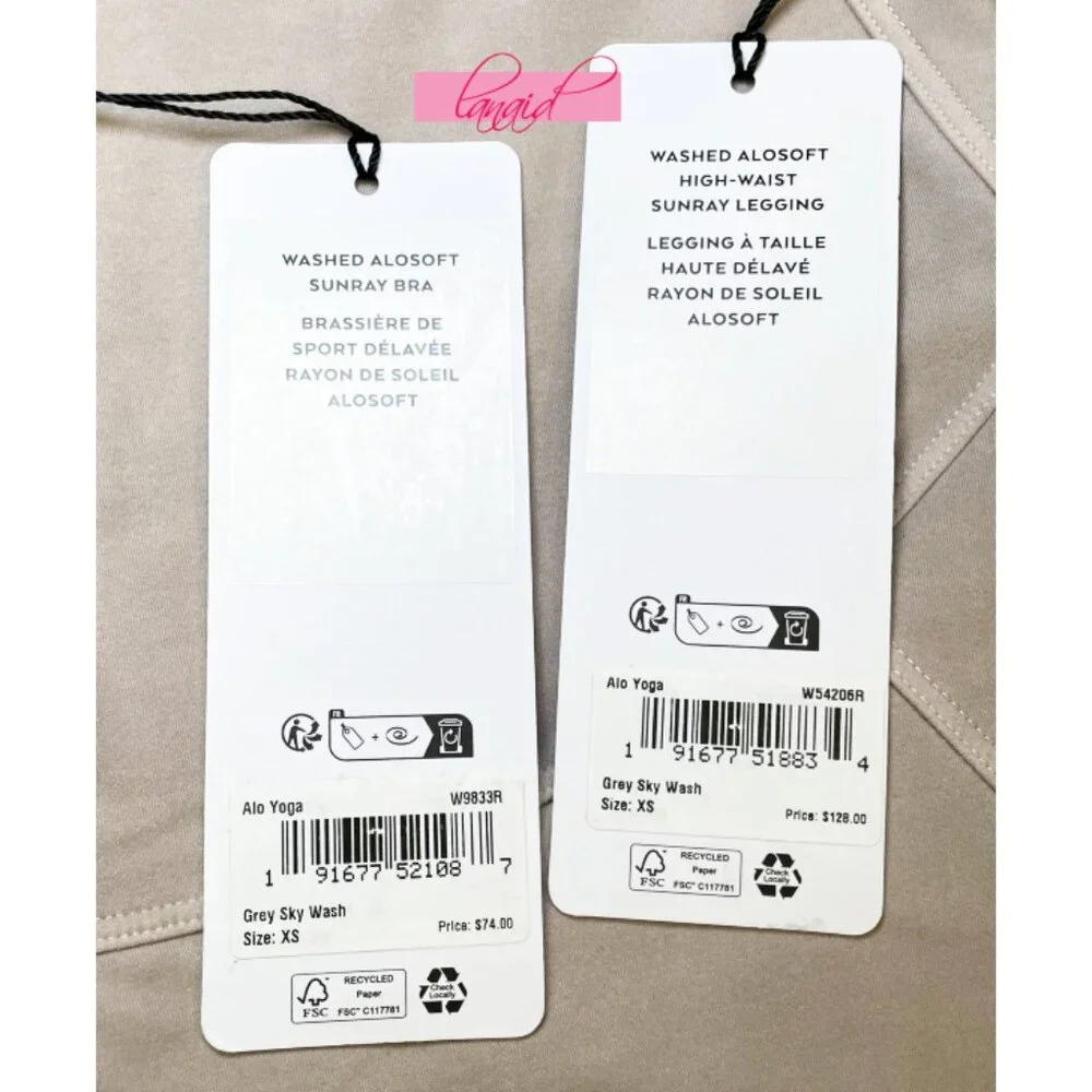 BUNDLE Alo Washed Alosoft Sunray Bra & High-Waist Legging Grey Sky Wash SET XS